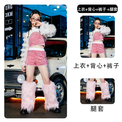 Girls Pink Blue Sequin Jazz Dance Costume Rapper Singers Gogo Dancers Street Hiphop Dance Outfits Catwalk Trendy Model Show Clothes for Kids - Moderndancedress.com