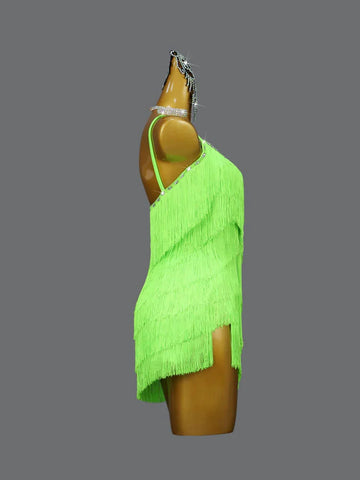 Custom size girls kids adult fluorescent green latin dance dresses salsa rumba chacha ballroom competition clothing fringed skirt - Moderndancedress.com