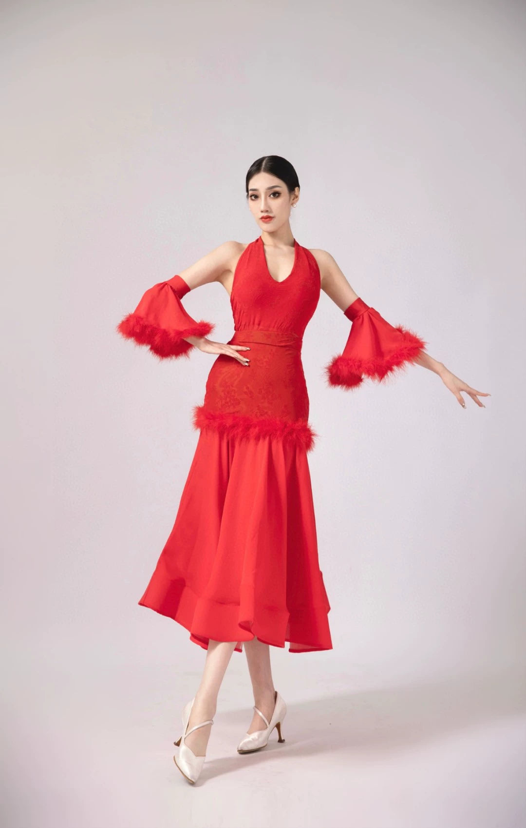 Women Ballroom Dance Dresses Black Red Navy Lace Halter Neck Waltz Tango Rhythm Competition Gown - Moderndancedress.com