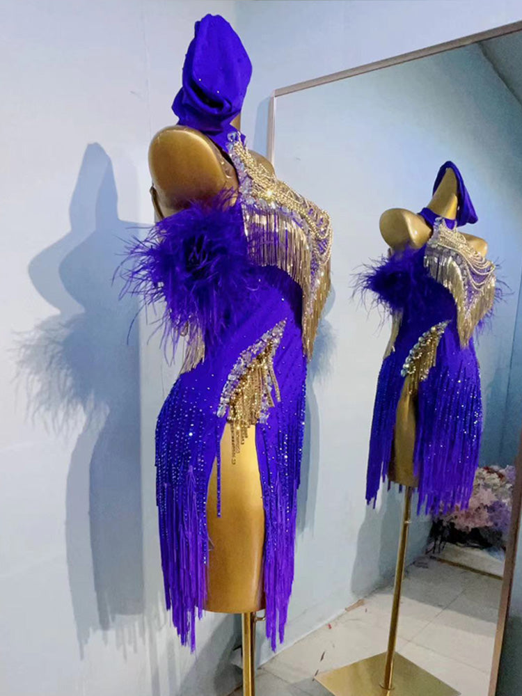 Custom Size Violet Feather Competition Latin Dance Dresses for Women Girls Salsa Rumba Chacha Outfits - Moderndancedress.com