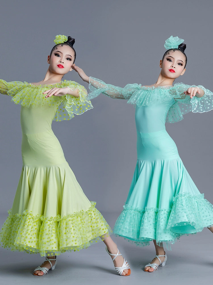 Girls Kids Pink Green Blue Polka Lace Ballroom Dance Dresses Children Ballroom National Ballroom Dance Long Sleeve Dew Shoulder Stage Performance Costumes for Kids - Moderndancedress.com