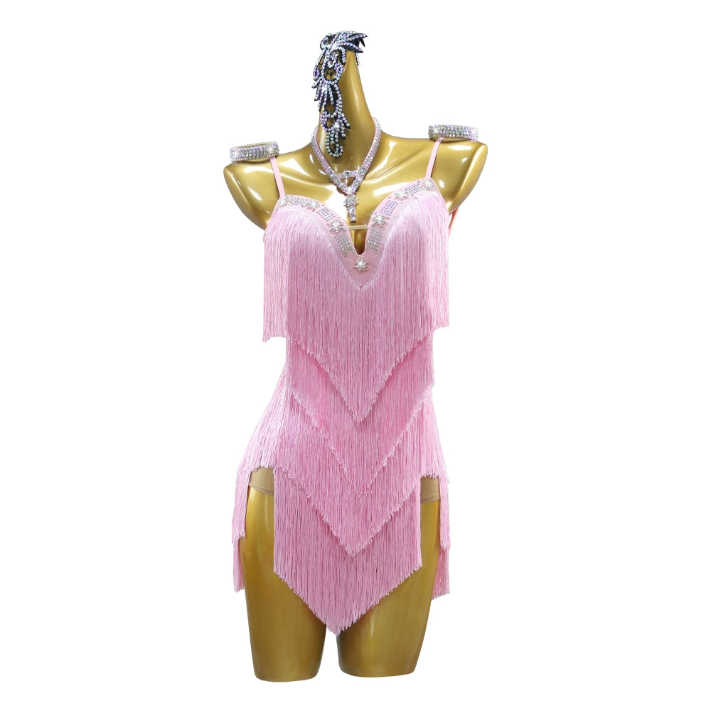 Pink Fringe Competition Latin Dance Dresses for Women Girls Salsa Rumba Chacha Professional Contest Show Costumes