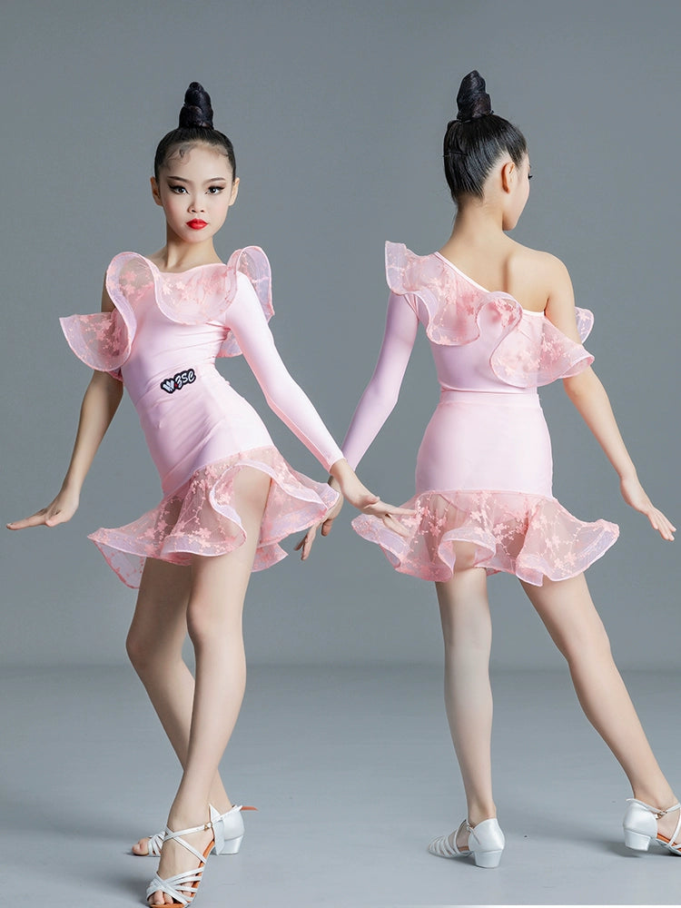 Pink Lace One Shoulder Latin Dance Dresses for Kids Girls Sleeveless Ballroom Salsa Latin Chacha Competition Performance Clothing - Moderndancedress.com