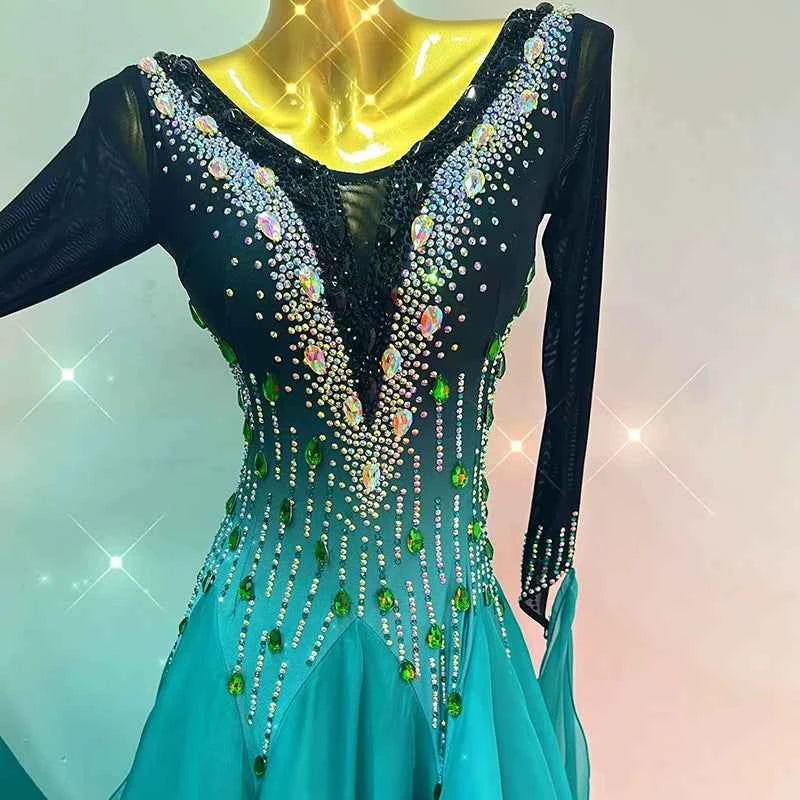 Custom Size Women's Ballroom Dance Dress Blue Green Gradient Smooth Waltz Long Gown