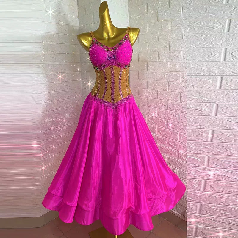 Customized Fuchsia Crystal Embellished Ballroom Dance Dress Flared Skirt Waltz Tango Smooth Dance Gown