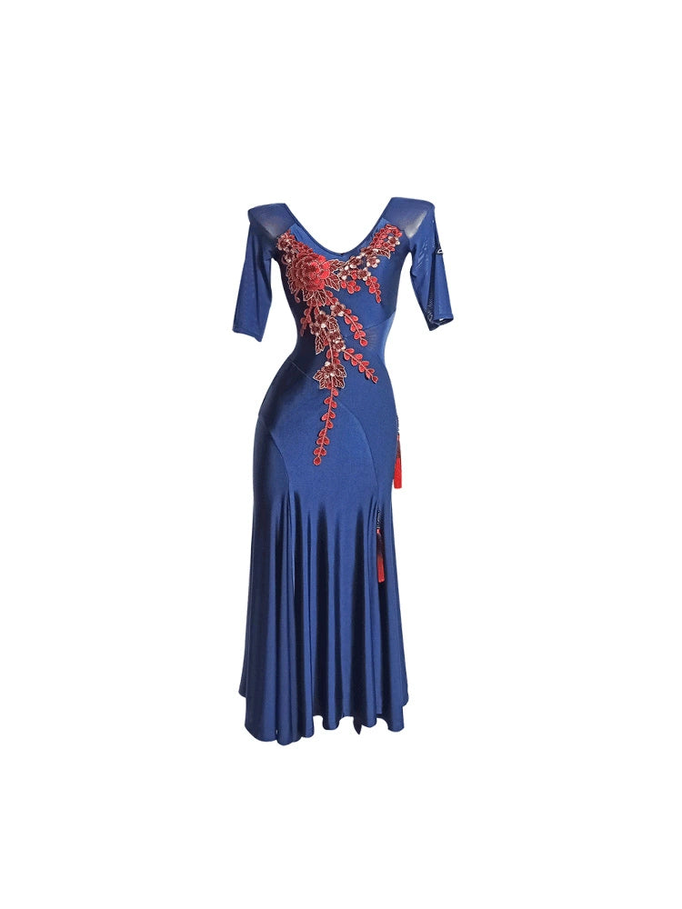 Navy ballroom dance dresses for women girls red embroidery flowers modern waltz tango side slit dance swing skirts for female - Moderndancedress.com