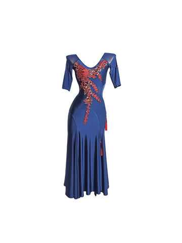 Navy ballroom dance dresses for women girls red embroidery flowers modern waltz tango side slit dance swing skirts for female - Moderndancedress.com