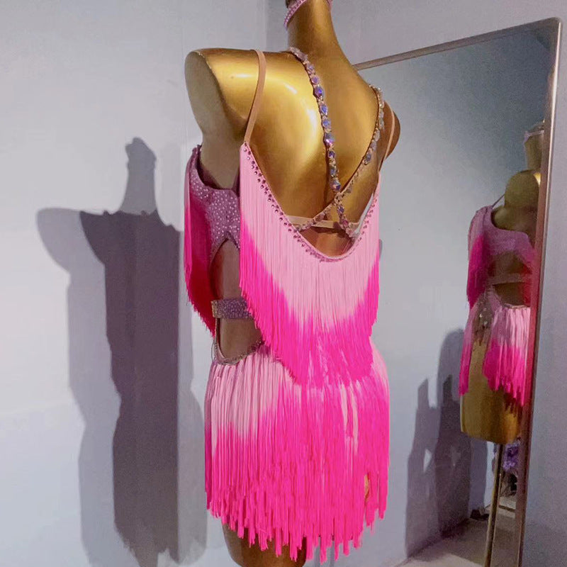 Customized size Pink Gradient fringe Competition latin dance dresses for women girls handmade professional salsa rumba dance bling costumes - Moderndancedress.com