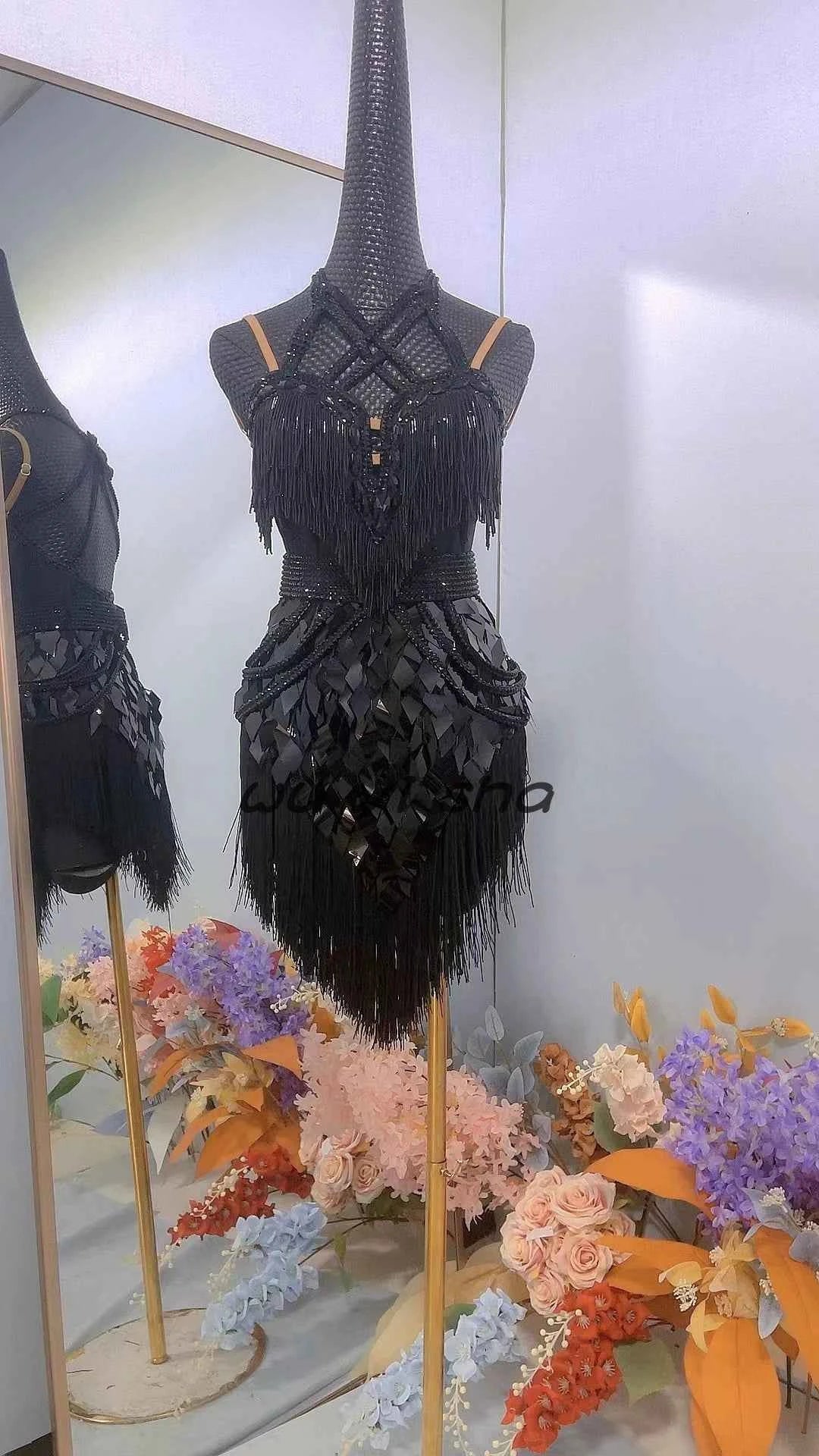 Custom Size Black Gemstones Competition Latin Dance Dresses for Women Girls Salsa Rumba Chacha Performance Costumes