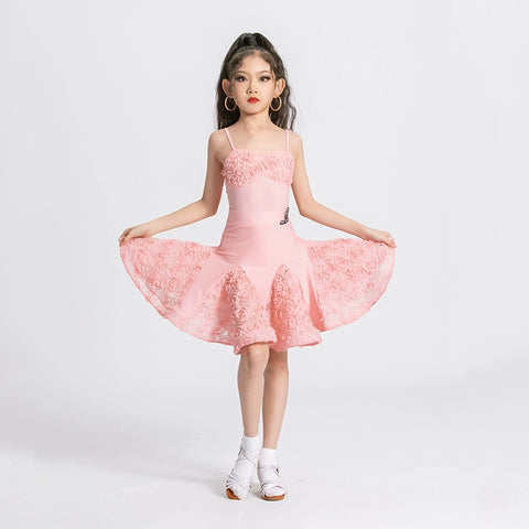 Children's pink rose flowers latin dance dresses girls salsa rumba chacha dance outfits flower dance wear for kids - Moderndancedress.com