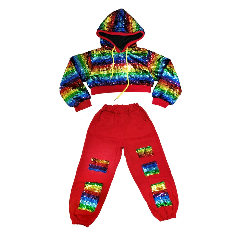 Girls Rainbow Sequins Jazz Dance Costume Hip Hop Street Dance Outfits Rapper Singers Gogo Dancers Drum Set for Kids - Moderndancedress.com
