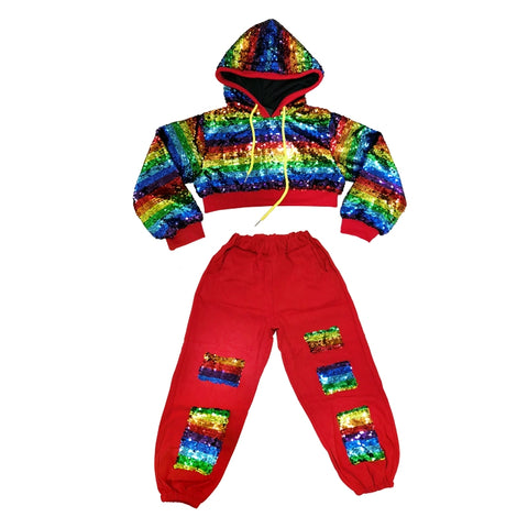 Girls Rainbow Sequins Jazz Dance Costume Hip Hop Street Dance Outfits Rapper Singers Gogo Dancers Drum Set for Kids - Moderndancedress.com