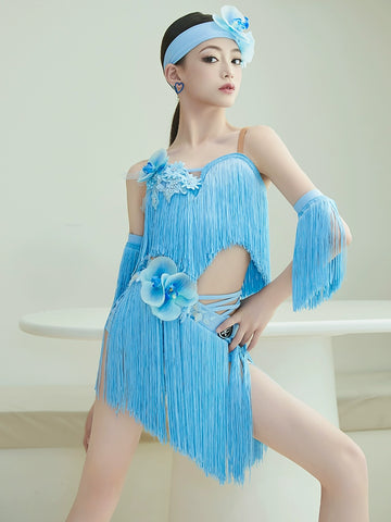 Pink Blue Fringe Latin Dance Dresses for Kids Children's Latin Salsa Ballroom Performance  Catwalk Model Performance Costumes Girls - Moderndancedress.com
