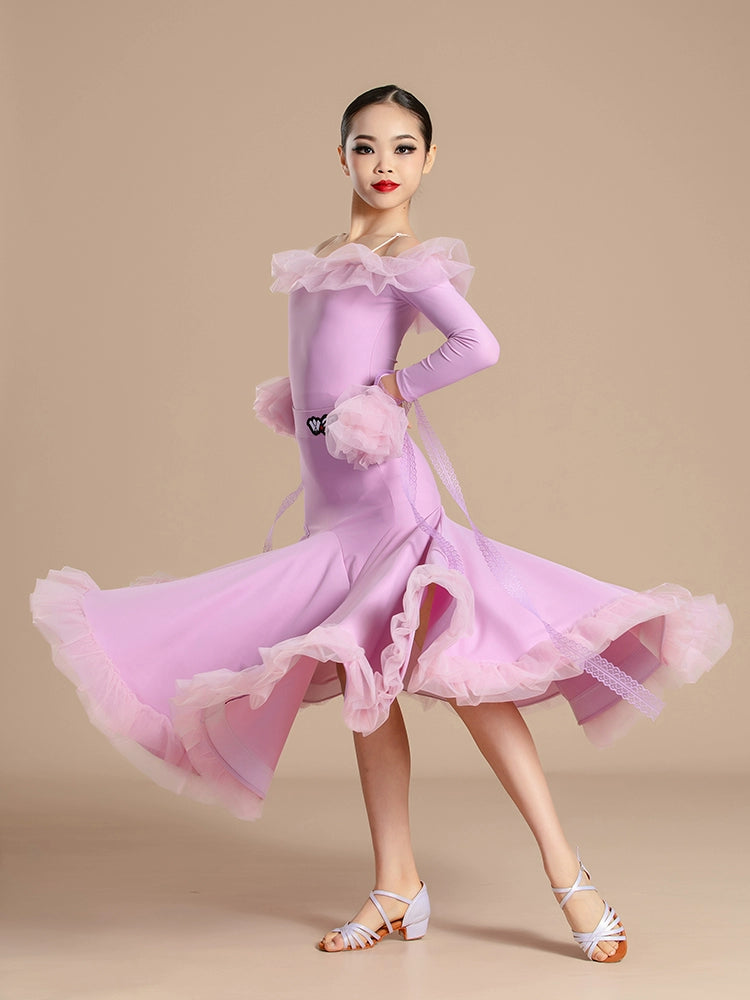 Modern ballroom dance dresses for girls kids waltz tango light purple orange wine professional competition clothing for children - Moderndancedress.com