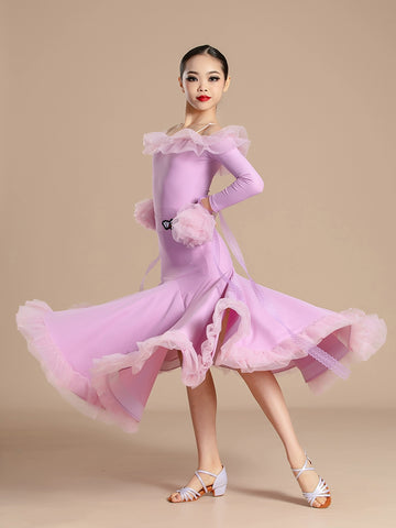 Modern ballroom dance dresses for girls kids waltz tango light purple orange wine professional competition clothing for children - Moderndancedress.com