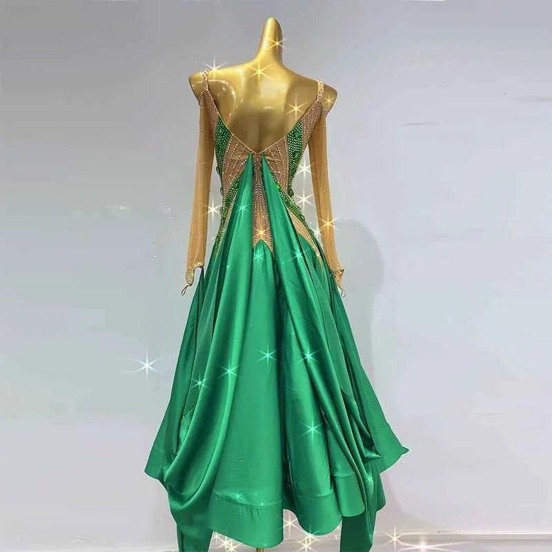 Customized Size Green Rhinestones Competition Ballroom Dance Dresses for Women Waltz Tango Rhythm Performance Gown