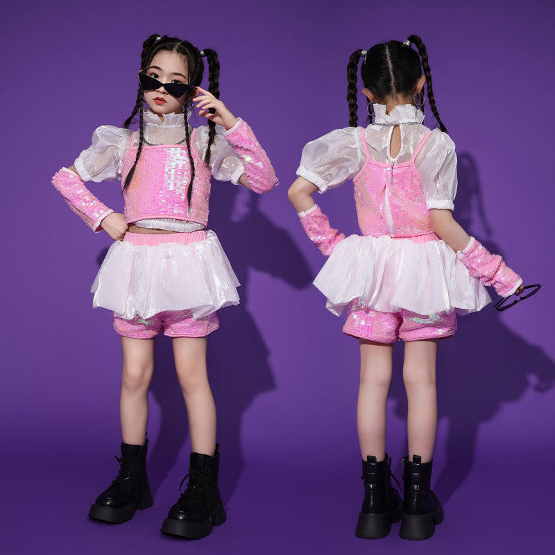 Girls Hiphop Dance Costumes Pink Sequins Runway Catwalk Event Party Gogo Dancers Performance Outfits for Kids - Moderndancedress.com