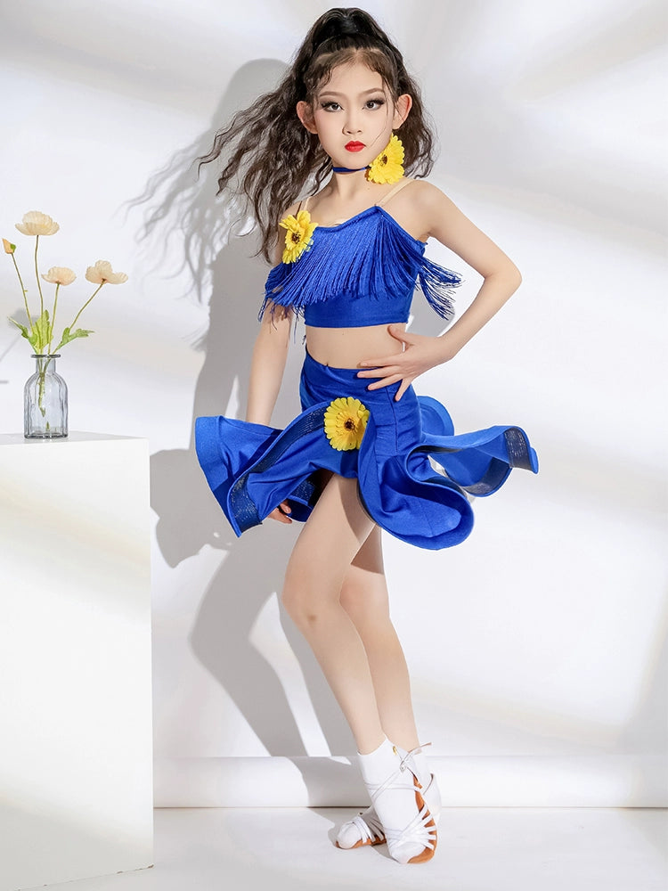 Girls red blue fringe Latin dance competition solo dance costumes modern dance competition clothes for kids - Moderndancedress.com