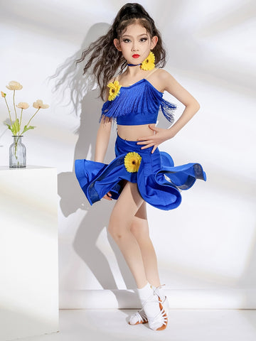 Girls red blue fringe Latin dance competition solo dance costumes modern dance competition clothes for kids - Moderndancedress.com