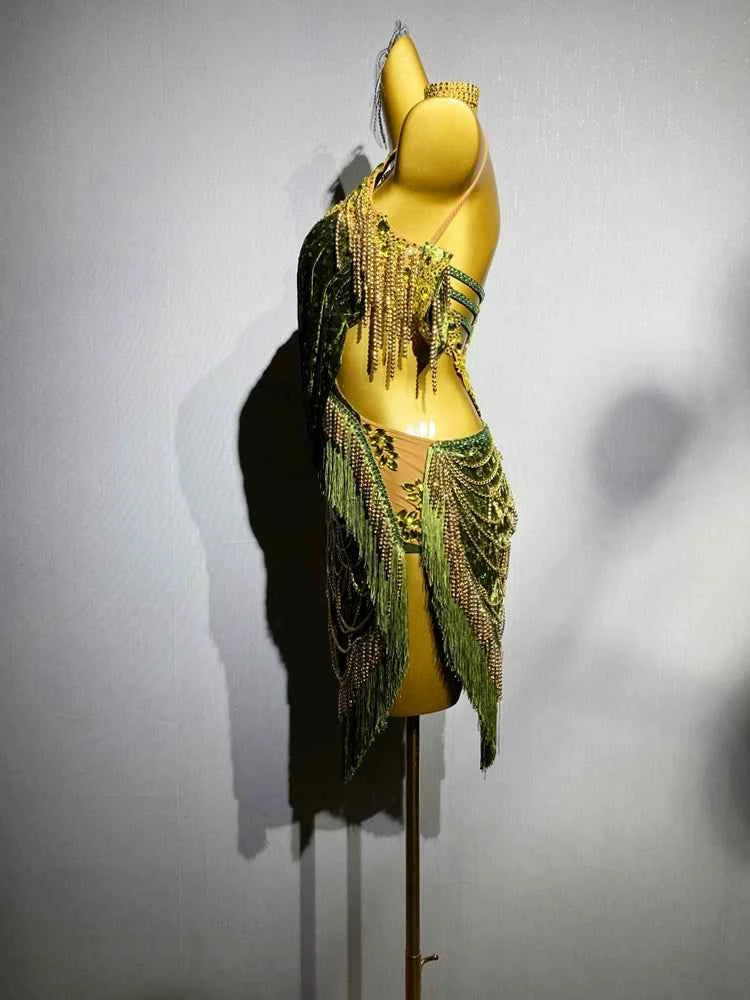 Custom Size Olive Green Competition Latin Dance Dresses for Women Gold Diamond Salsa Rumba Chacha Blackpool Dance Outfits