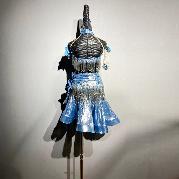 Custom Metallic Blue Latin Performance Dress - Ruffle Skirt & Beaded Fringe Ballroom Wear