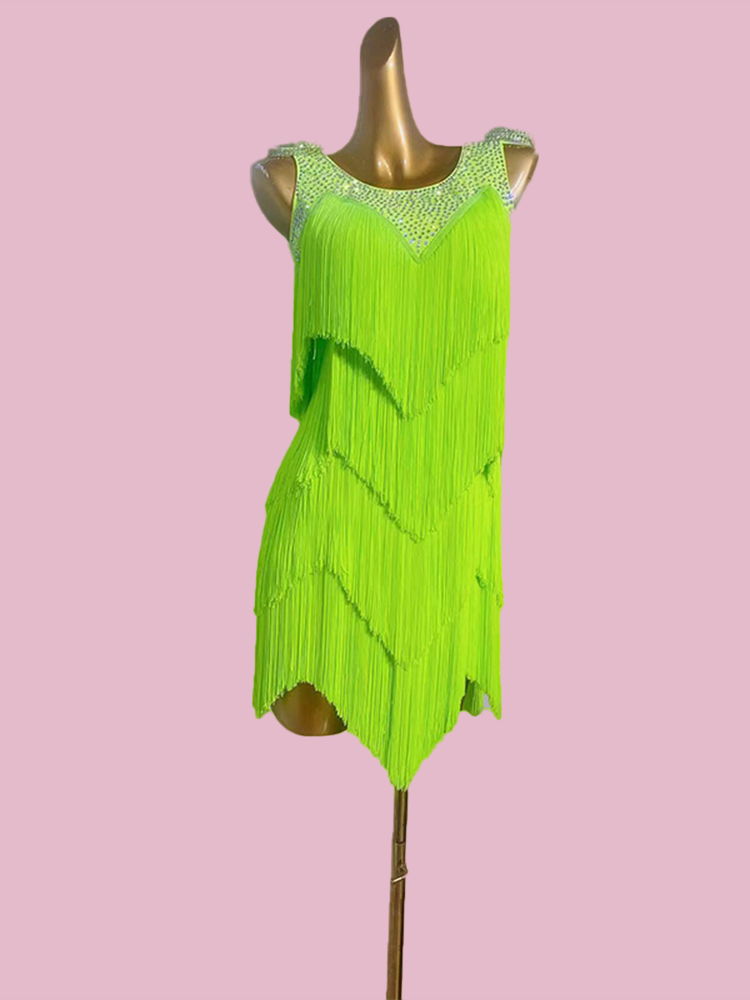 Custom Size Neon Green Fringe Latin Dance Dresses for Women Girls Competition Salsa Rumba Chacha Art Test Dance Skirt Performance Costumes - Moderndancedress.com