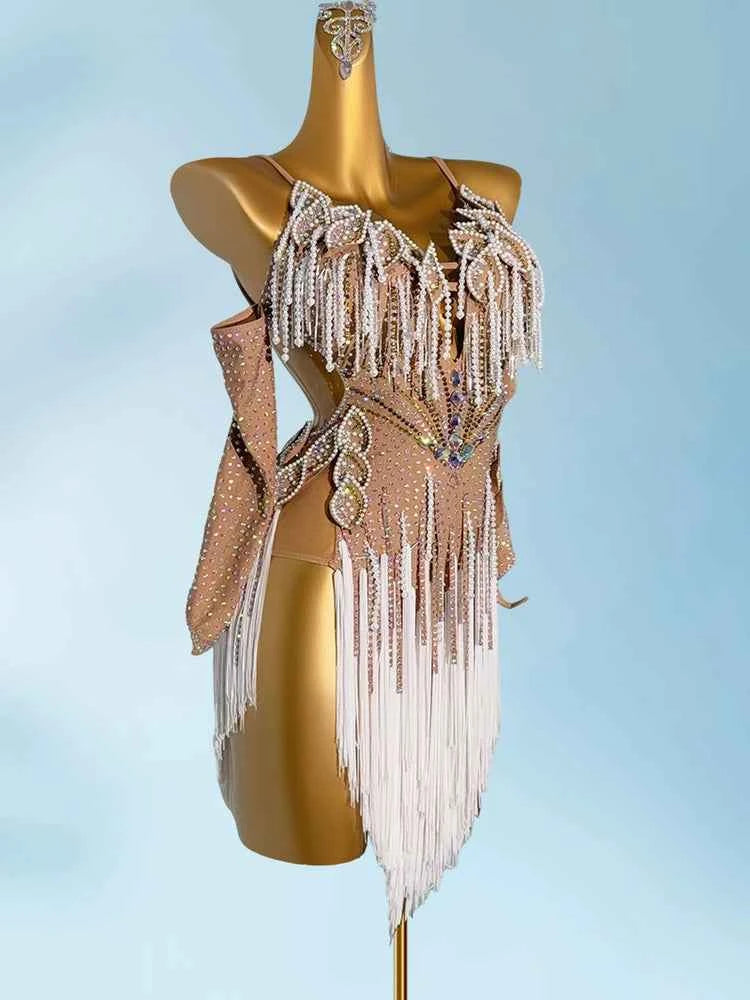 Custom size flesh with white competition latin dance dresses petals salsa rumba chacha blackpool dance clothes