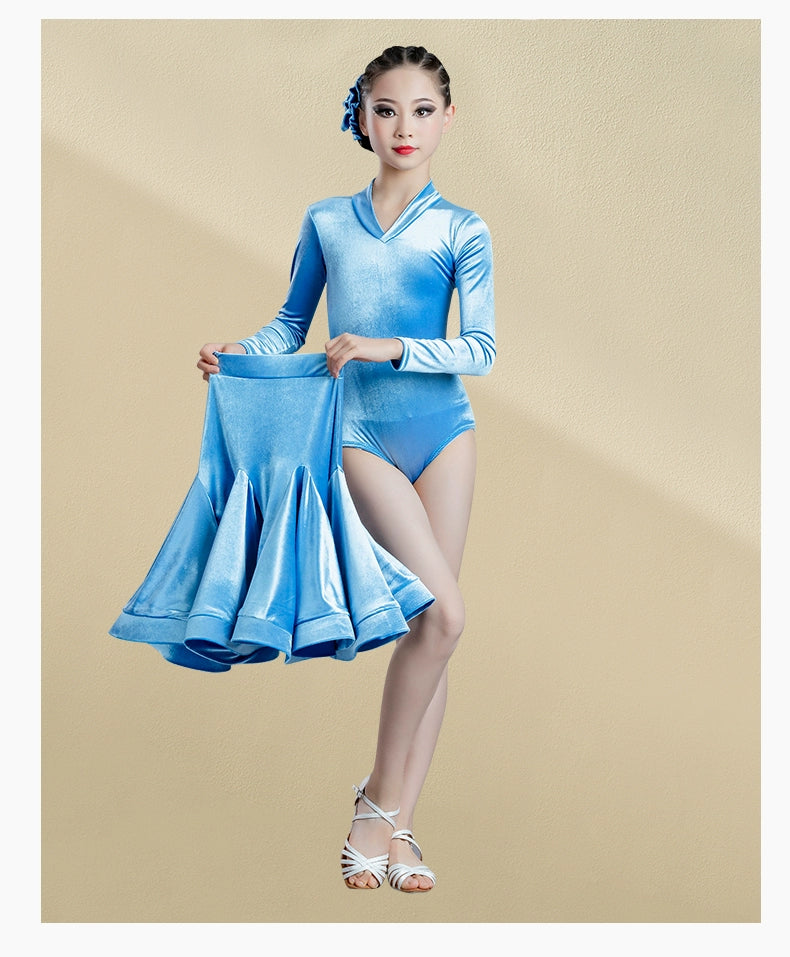 Girls Light Blue Purple Velvet Latin Dance Dresses Children Exam Clothes Long-sleeved Salsa Rumba Chacha Performance Outfits - Moderndancedress.com