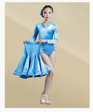 Girls Light Blue Purple Velvet Latin Dance Dresses Children Exam Clothes Long-sleeved Salsa Rumba Chacha Performance Outfits - Moderndancedress.com