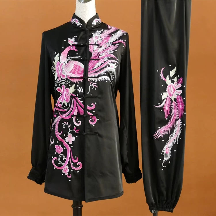 Custom Size Tai Chi Clothing Dark Green Embroidered Phoenix Wushu Martial Arts Kunfu Group Performance Uniforms - Moderndancedress.com