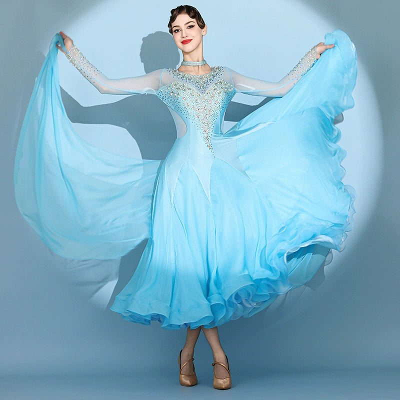 Custom size blue gemstones ballroom competition dresses for women girls children waltz tango foxtrot senior dance performance gown - Moderndancedress.com