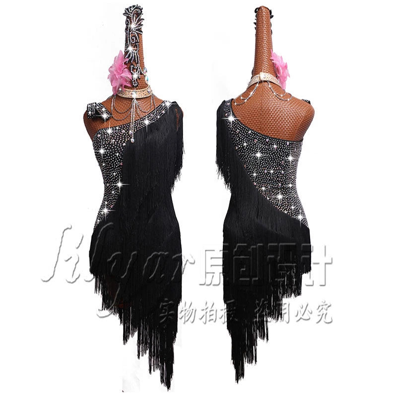Sapphire blue black fringe Latin dance competition dresses adult girls slanted shoulder salsa rumba chacha modern dance clothes - Moderndancedress.com