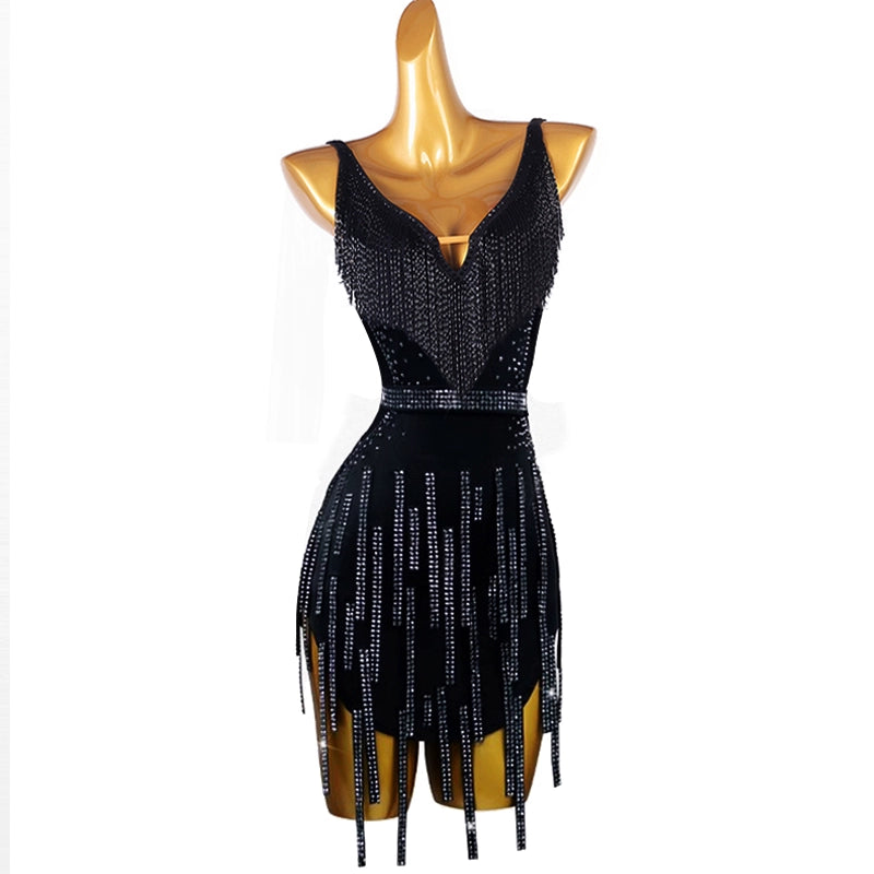 Black Fringe Rhinestones Competition Latin Dance Dresses for Women Girls Professional Salsa Rumba Chacha Latin Performance Clothes for Female - Moderndancedress.com