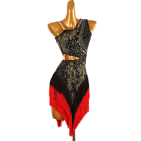 Red Black One Shoulder Latin Competition Dresses for Women Girls Slant Neck Diamond Bling Gradual Change Fringed Latin Salsa Chacha Dance Costume - Moderndancedress.com