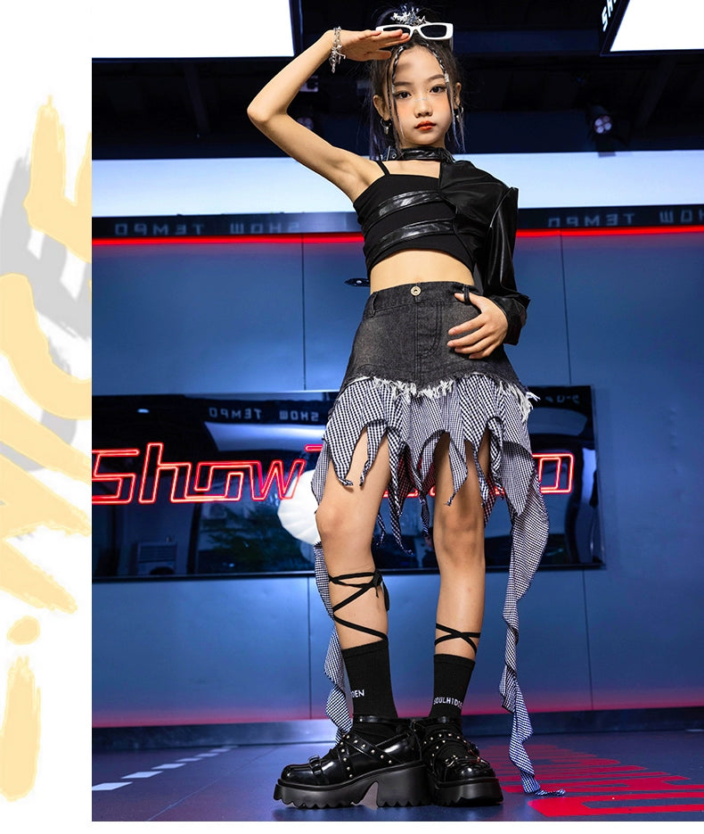 Girls Jazz Dance Costume Kids Street  Hip Hop Rappers Singers Party Show Carnival Dance Catwalk Trendy Clothing Irregualr Skirt One Shoulder Top - Moderndancedress.com