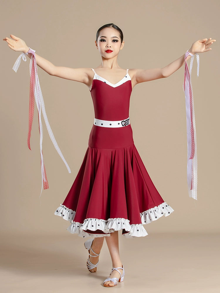 Red polka dot Latin ballroom dance dresses for kids girls national ballroom waltz tango dance costumes art test performance outfits - Moderndancedress.com