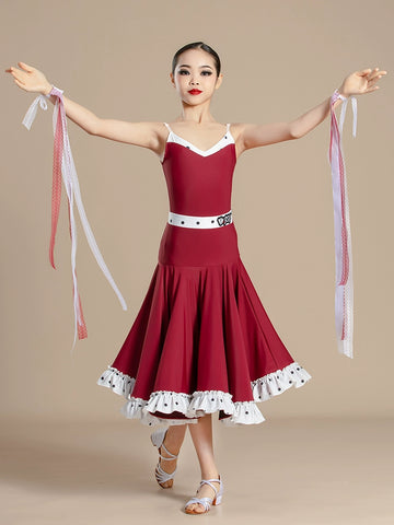 Red polka dot Latin ballroom dance dresses for kids girls national ballroom waltz tango dance costumes art test performance outfits - Moderndancedress.com