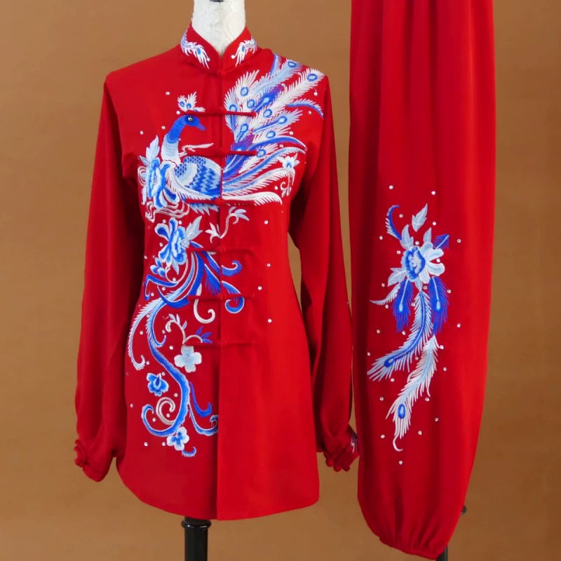 Custom Size Tai Chi Clothing Dark Green Embroidered Phoenix Wushu Martial Arts Kunfu Group Performance Uniforms - Moderndancedress.com