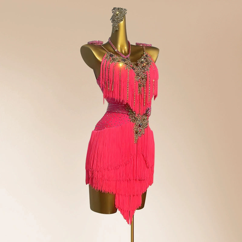 Custom Size Blue Pink Red Rhinestones Competition Latin Dance Dresses for Women Girls Salsa Rumba Chacha Tassel Dancing Skirts - Moderndancedress.com