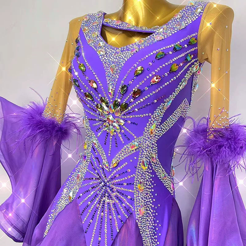 Customized Violet Gemstones Competition Ballroom Dance Dress for Women Waltz Tango Foxtrot Dancing Gown