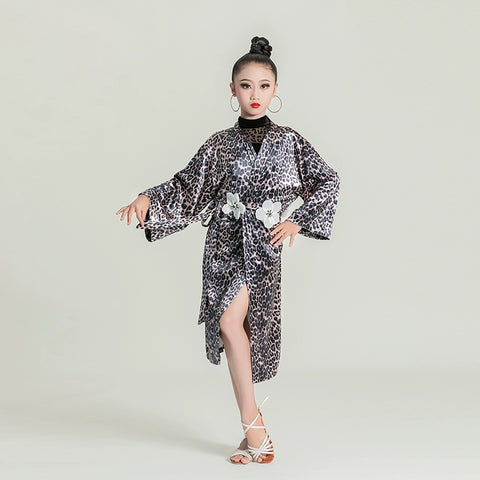 Girls kids leopard black velvet Latin dance robe for children ballroom salsa rumba practice dancing catwalk performance outwear long coat
