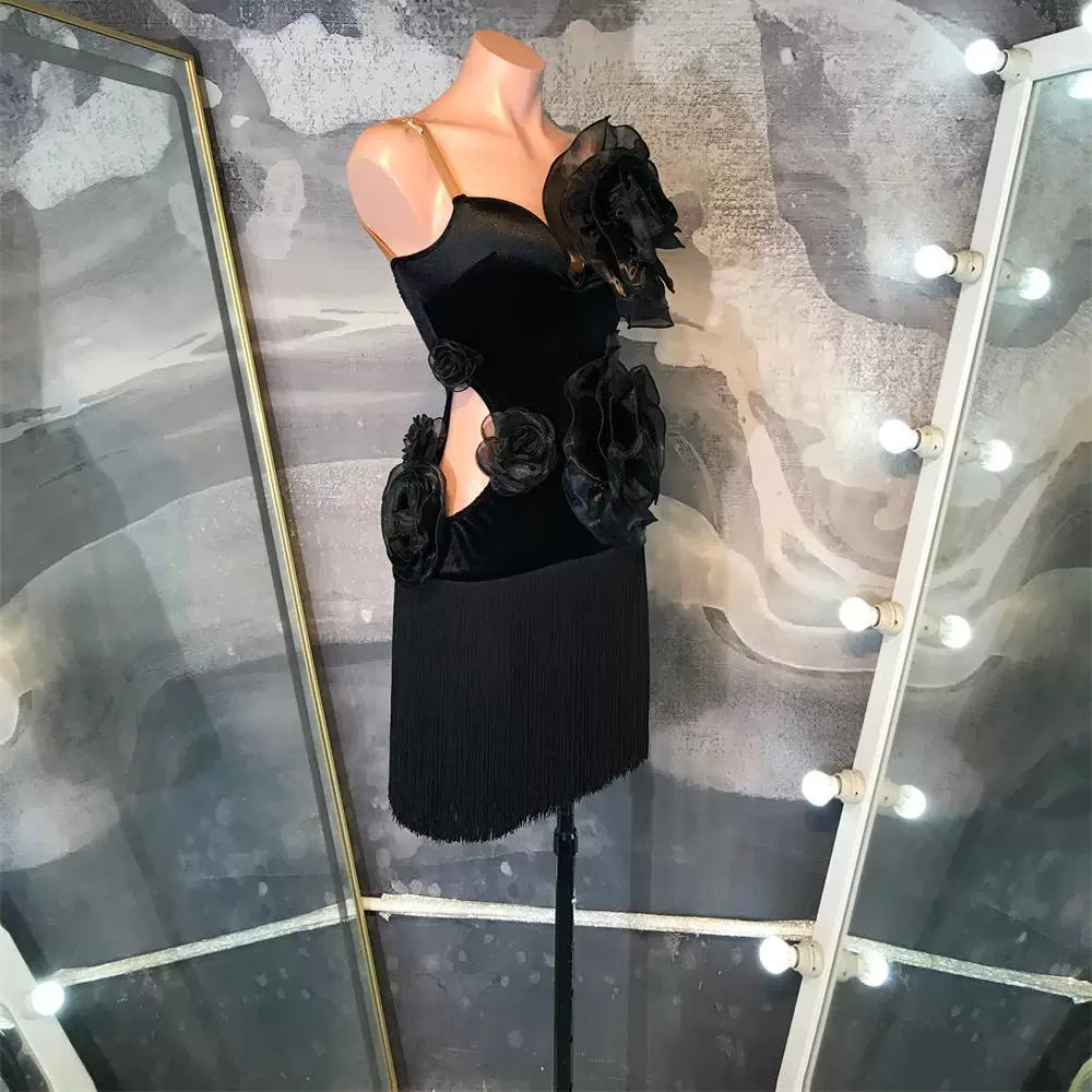 Custom Black Velvet Latin Dance Dress with Fringe & 3D Flowers | Salsa Ballroom Outfit