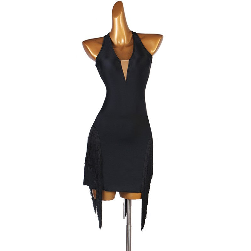 Sexy backless black latin dance dress for women professional latin fringed skirt rumba chacha dance skirt - Moderndancedress.com
