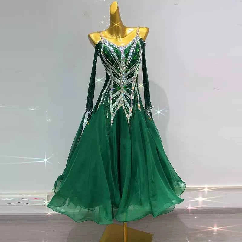 Custom Size Green Crystal Ballroom Dance Dress Tango Foxtort Rhytm Waltz Performance Costume