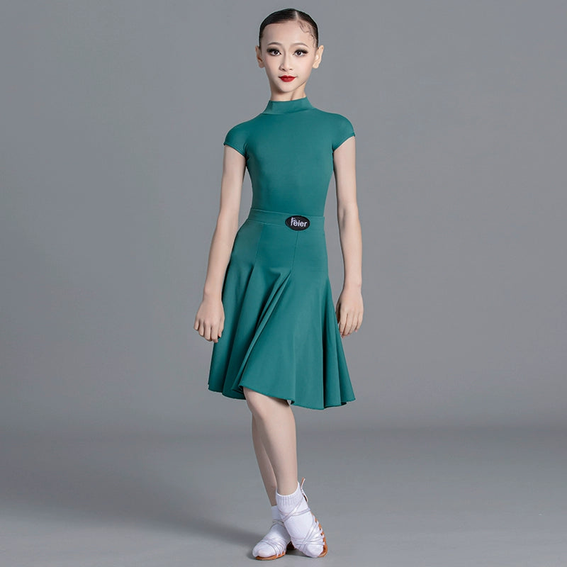 Latin Dance dresses for kids Girls green wine Competition Short Sleeve International modern Dance Standard Suit for children - Moderndancedress.com