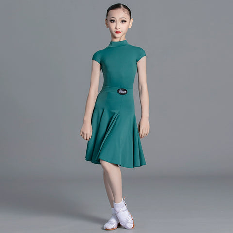 Latin Dance dresses for kids Girls green wine Competition Short Sleeve International modern Dance Standard Suit for children - Moderndancedress.com