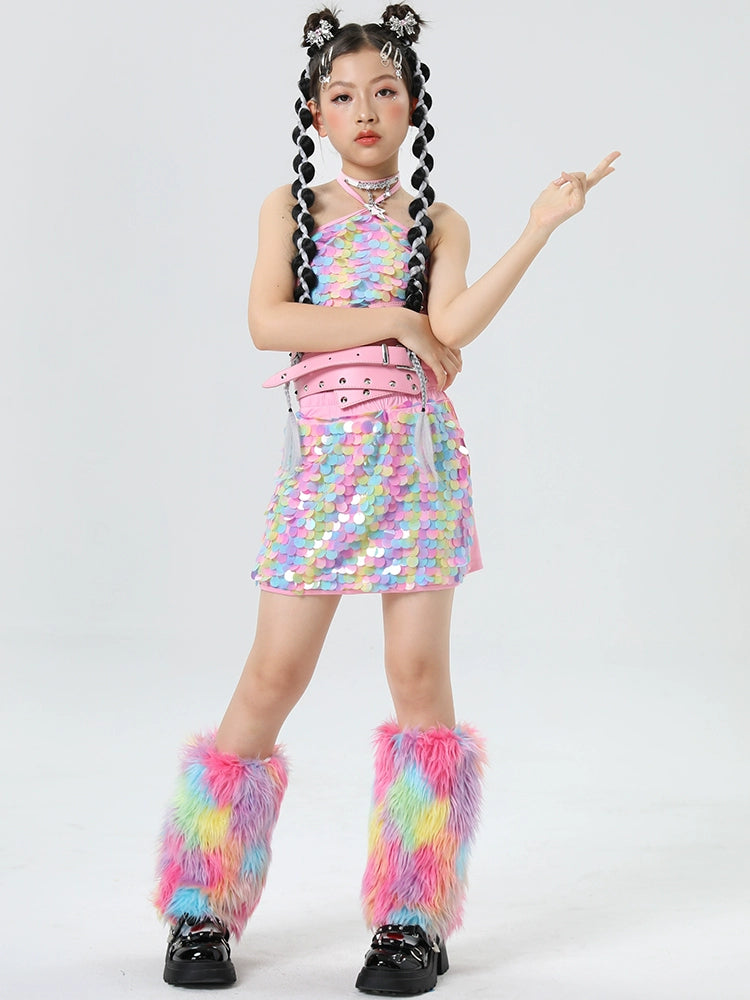 Rainbow Sequined Jazz Dance Costumes for Girls Kids Model Runway Catwalk Clothes Festival Party Dress Up Photos Shooting Outfits - Moderndancedress.com