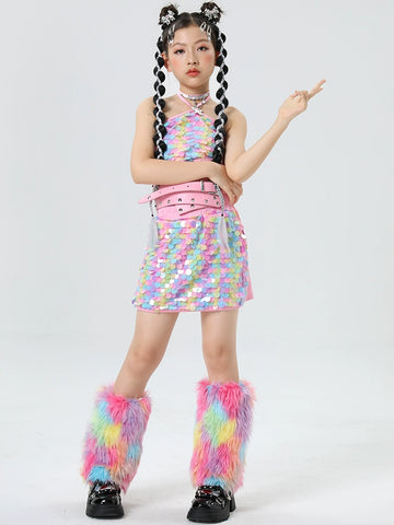 Rainbow Sequined Jazz Dance Costumes for Girls Kids Model Runway Catwalk Clothes Festival Party Dress Up Photos Shooting Outfits - Moderndancedress.com