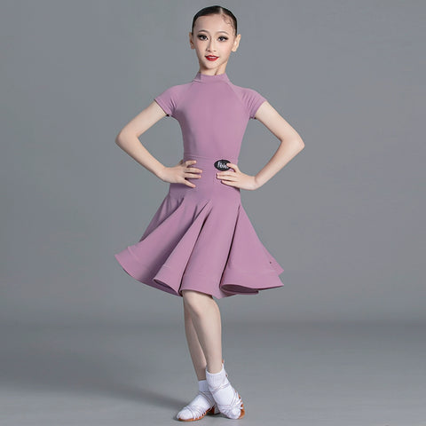 Latin Dance Competition dresses for kids girls wine green Short Sleeves Standard ballroom latin Competition Suit