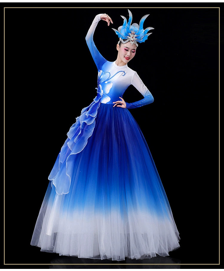 Women girls Opening Dance flamenco dance petals dresses pink blue green yellow church choir performance gown modern dance solo Choral wear - Moderndancedress.com